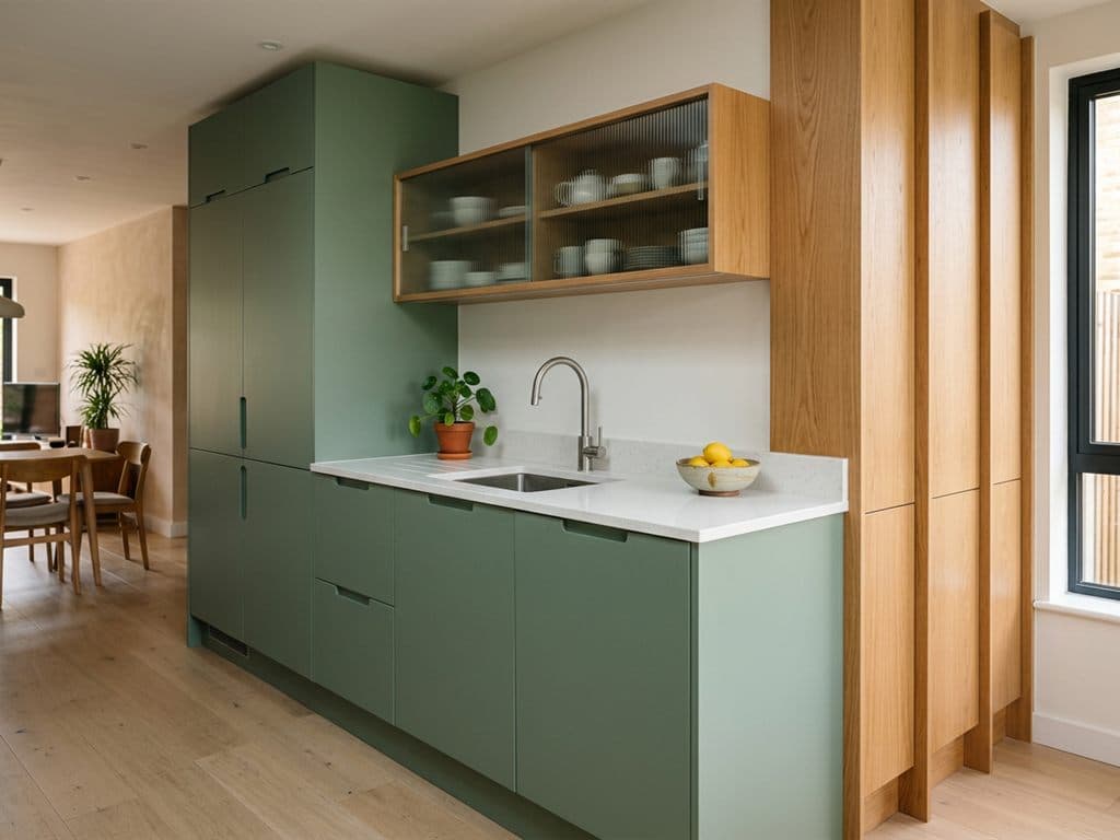 Cocina personalizada a medida en verde y roble con vitrina, en A Estrada