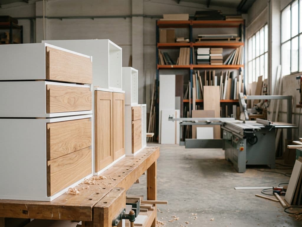 Módulos de cocina a medida recién fabricados en el taller de una fábrica de muebles en A Estrada